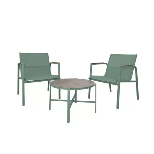 Acomoda Textil – Conjunto Jardín de 2 Sillones + Mesa de Acero Resistente, Decorativo y Ligero. Asiento para Exterior en Patio, Balcón y Terraza de Fácil Instalación. (Verde, 3 Piezas)