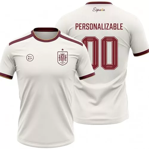 Stock Futbol Seleccion Española Mundial 2026-2028 Personalizable Camiseta Segunda Equipacion Nombre y Dorsal, Color Blanco, Manga Corta, Tejido Transpirable para Aficionados