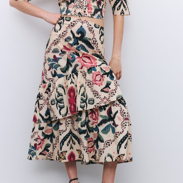 Tintoretto
Falda midi estampada con volantes



