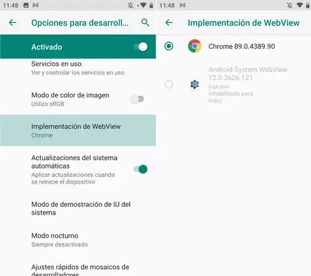 開発者向けオプションでは、どの WebView が使用されているか (および問題の原因) を確認できます。