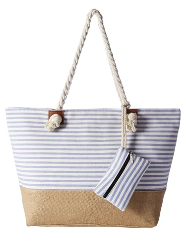 DonDon Bolso de playa grande impermeable con cremallera Rayas azul claro