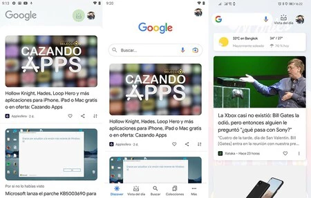 ランチャーの新しい Discover レイアウト (左)、Google アプリのレイアウト (中央)、および古いレイアウト (右)