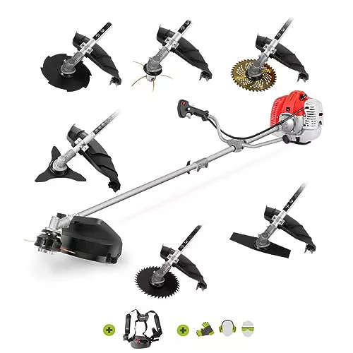 GREENCUT GGT650X-7 - Desbrozadora de Gasolina 65cc 4,9CV, Motor 2 Tiempos, Barra Divisible, Arnés y 7 Accesorios Intercambiables