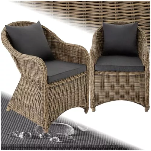 tectake® Conjunto de 2 sillones de Ratán y Aluminio con Cojines, Muebles Jardín Exterior Resistentes a la Intemperie, Sillones para Conjunto Jardín Exterior, Fundas Extraíbles, Sin Montaje - Natural