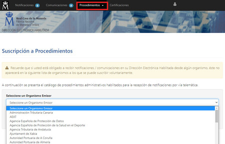 Suscrición Procedimientos DEH