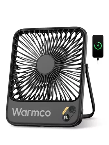Warmco Ventilador Portátil 10000mAh 21 cm de Altura, Max 24H, Ultra Fino Silencioso Recargable de Mesa con Pantalla Digital para Camping, Oficina, Dormitorio, Viajes