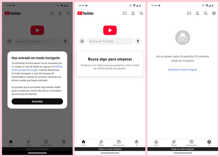 Capturas de pantalla mostrando el modo incógnito de YouTube