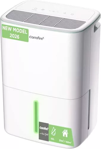 COMFEE' Deshumidificador de Humedad 10L Silencioso | Modo Secado de Ropa y AUTO - Deshumificador Compacto y de Bajo Consumo con Drenaje Dual | Ideal en habitaciones hasta 31m2/100m3 - Aqua Dry 2026