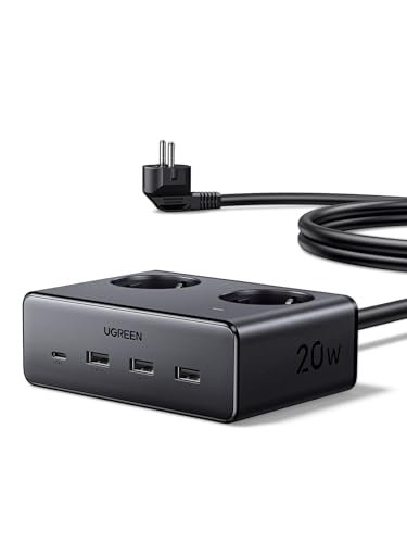 UGREEN Enchufes 6 en 1 con USB C de Carga Rápida de 20 W, Regleta Que Ahorra Espacio con 2 AC de 3680 W, Cable de 1,5 m e Interruptor Individual para Familia, Oficina y Viajes