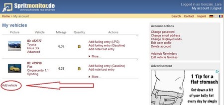 Spritmonitor añadiendo coche