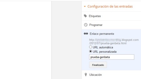 Blogger permite personalizar las direcciones de nuestros posts
