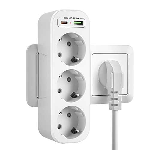 Ladrones para Enchufes USB C, Enchufe Multiple 3 Tomas Vertical | Regleta Pared 3 Schuko y 2 USB, Alargador Cargador, Adaptador Triple Portátil, Outlet Extender Protección Infantil, Blanco
