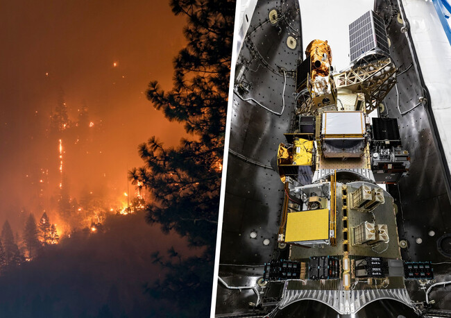 Composición con foto de un incendio forestal y el satélite FireSat enviado en la misión Transporter 13 de SpaceX