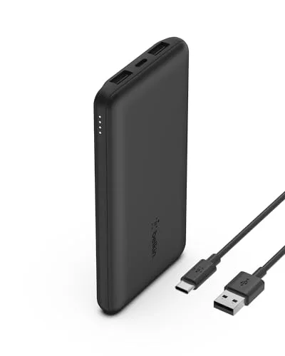 Belkin batería externa portátil de 10000mAh, cargador externo USB-C con 1 puerto USB-C y 2 puertos USB-A, power bank de 15 W, batería portátil para iPhone, Galaxy, Pixel, AirPods, iPad y otros - negra