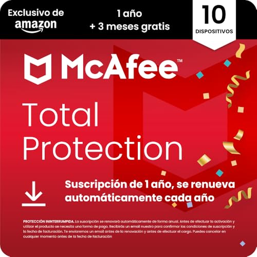 McAfee Total Protection para 10 dispositivos 2025, 15 meses | Antivirus, VPN, software de seguridad, gestor de contraseñas | Suscripción con renovación automática | Descargar