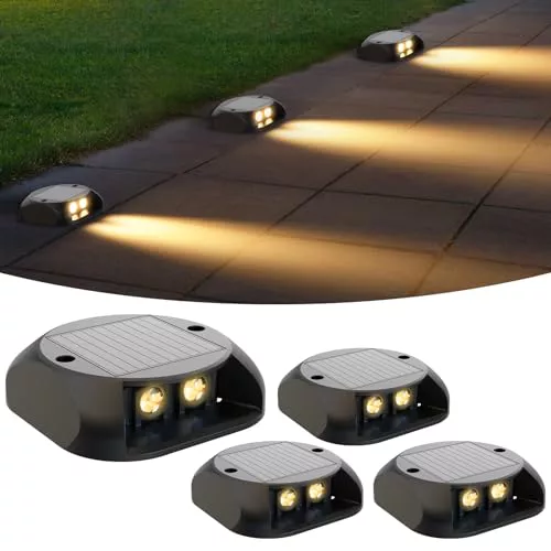 Quntis Luz Solar para Escaleras Exterior 4 Piezas, 3000K Luz Solar Exterior Jardin Suelo IP65 Impermeable, Lámpara Solar para Jardín Cubierta Patio Terraza Canalón Escalones, Blanco Cálido