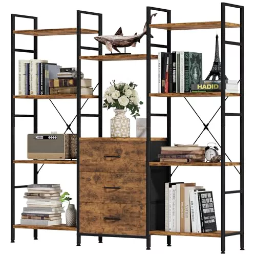 OYRREU Libreria Estanteria 4 Niveles 100W x142Hcm 3 Cajones, Marrón Rústico