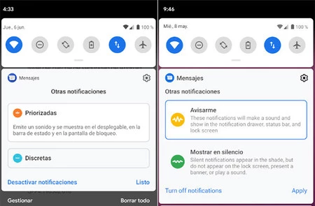 Android Q Beta 4 (左) と Android Q Beta 3 (右) の通知設定