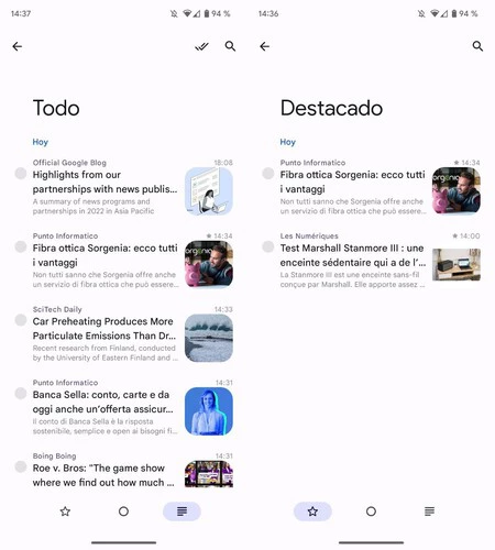 Read You の「すべて」セクションと「注目」セクションは次のようになります。