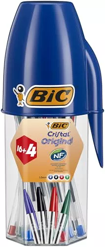 BIC Cristal Original Bolígrafos Punta Media (1,0mm) Colores Surtidos, Material Oficina y Escolar, Tubo de 20 unidades (16+4 gratis)
