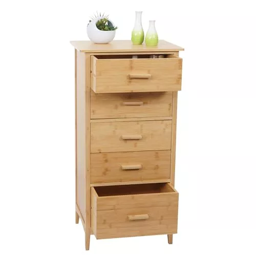 Mendler Cómoda de bambú HWC-M24, armario de baño, armario auxiliar, 5 cajones, FSC 100 x 50 x 40 cm