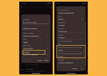 Capturas de pantalla mostrando los pasos a seguir para cambiar los DNS en Android