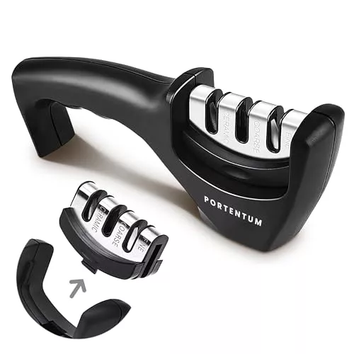 PORTENTUM Afilador de cuchillos profesional manual para cuchillos de cocina de 3 etapas - diseño ergonómico con acabado negro/cromado