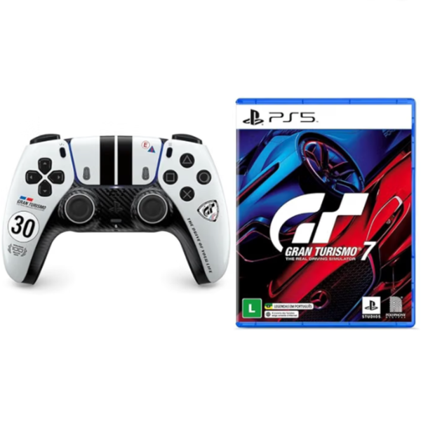 O bundle reúne o DualSense de edição limitada de Gran Turismo e o jogo para PS5, sendo uma opção para quem quer levar o controle comemorativo junto com o título da franquia. 