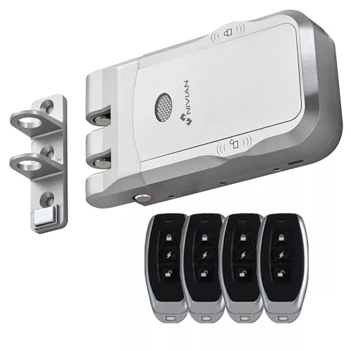 Nivian Cerrojo Invisible Electrónico Inalámbrico – Cerradura Antivandálica por Radiofrecuencia con Mandos a Distancia, Doble Motor, Apertura y cierre desde Interior y Exterior (Sin App)
