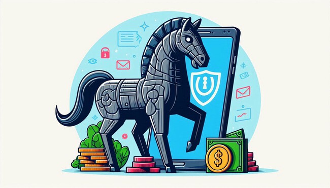 Ilustración de un caballo de Troya junto a un móvil