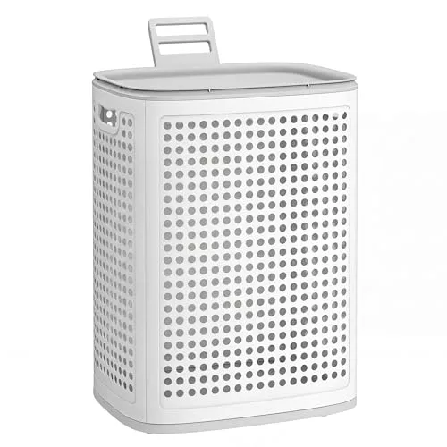 SONGMICS Cesto de Ropa con Tapa, Cesta de Ropa de Plástico, 75 L, Cesto Colada Delgado, Baño, Lavadero, Dormitorio, Blanco y Gris RLH021WG01
