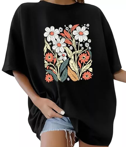 Lonya Camiseta Mujer Manga Corta Verano Oversize Letras Creativas Estampado 80s Vintage Cuello Redondo Top Mujer Algodon Talla Grande Casual T Shirt Básica Short Sleeve Shirt, E-Negro, XL