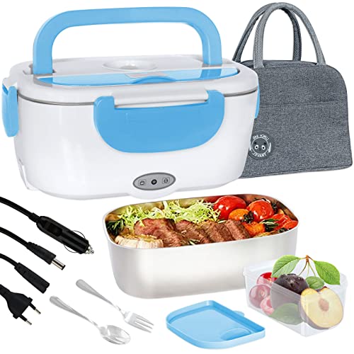 Poligono Fiambrera Electrica 1.5L (55W/220V) Fiambreras Comida Trabajo,Calentador de Comida Termica para Trabajo,Taper Electrico para Comida,Coche en Acero Inoxidable,Azúl