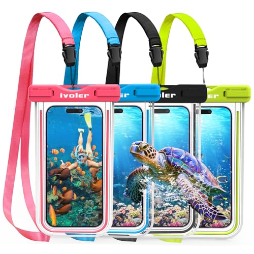ivoler [IPX8 Certificado [4 Unidades] Funda Bolsa Móvil Impermeable Universal para Xiaomi, iPhone, Samsung Galaxy, Huawei, Smartphones, Monedas, Pasaporte, etc. (Negro+Azul+Verde+Rosa)