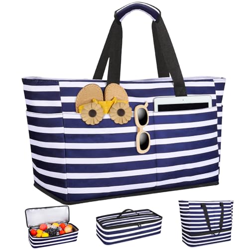 ISEYOU Bolsa Playa con Bolsa Termica Extraíble, Bolso Playa Mujer Impermeable con Cremallera 49L, Bolsas Grandes XXL Familiar con 8 bolsillos Plegable para Viajes, Picnic, Vacaciones