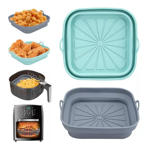 Alyvisun 2 Piezas Bandeja Accesorios para Freidora sin Aceite Reutilizable Recipientes Cuadrado Cesta Utensilios para Air Fryer, Microondas, Horno, Silicona, Azul+Gris