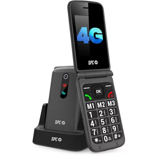 SPC Stella 3 - Teléfono móvil para Mayores con Tapa y 4G | Menú y Teclas Grandes | Botón SOS, configuración remota, Compatible audífonos y Volumen 103dB | Base de Carga y 3 memorias directas, Negro