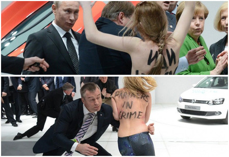 Vladimir Putin, Angela Merkel y las activistas en "topless"