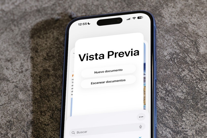 Pantalla de la aplicación 'Vista Previa' en un iPhone, mostrando opciones para crear un nuevo documento y escanear documentos.