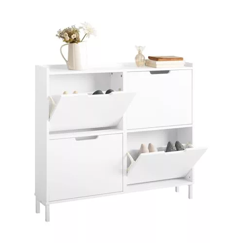 SoBuy Zapatero Estrecho con 4 Solapas – Mueble Zapatero Entrada Recibidor, Armario Zapateros Estrecho de Madera para Pasillo Estrecho y Entrada, 100x19x91 cm, Blanco FSR100-W