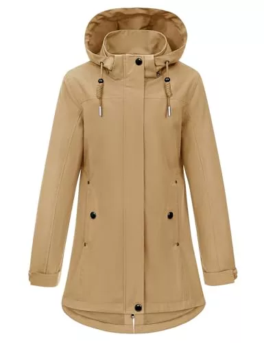 HEEKPEK Abrigo Entretiempo Mujer Largo Elegante Abrigo Primavera Ligero Chaqueta Parka Cortavientos Exteriores Chaqueta Softshell con Capucha y Cordón para Primavera Otoño(Caqui, L)