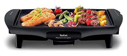 Tefal Compact CB500512 Plancha de Asar, Antiadherente, Compatible lavavajillas, Superficie de cocción: 25 x 35 cm, 1800 W, Tamiz de agitación, Negro