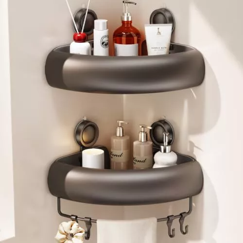 Voldra Estanteria Ducha Esquinera Ventosas, Estanteria Organizador BañO Sin Taladro con Barra de Toalla y Ganchos Estante Ducha Esquinera BañO Pared Bathroom Corner Shower Shelf Caddy(2 Piezas, Gris)