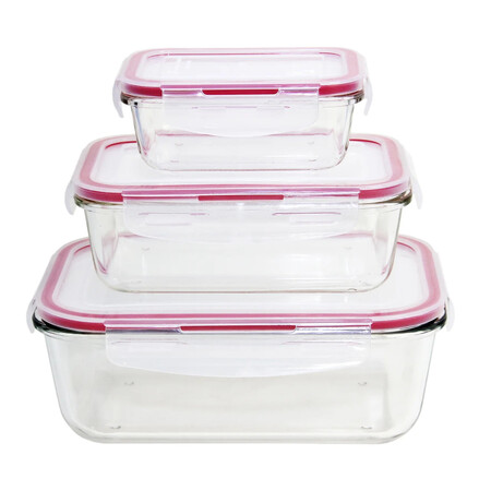 Set De 3 Hermeticos De Vidrio Rectangulares Con Tapa De Plastico Con Valvula