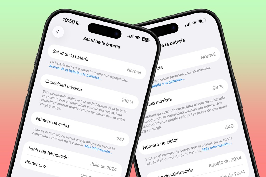Dos iPhone idénticos y uno con menos ciclos de carga tiene peor salud de batería. Tiene una explicación y es muy sencilla Dos iPhone idénticos y uno con menos ciclos de carga tiene peor salud de batería. Tiene una explicación y es muy sencilla