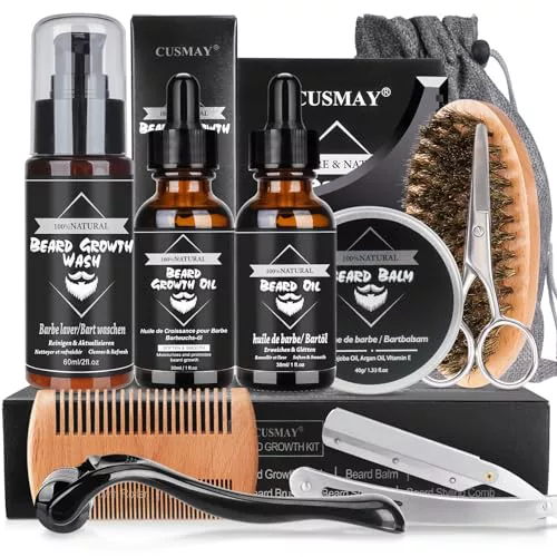 CUSMAY Kit Barba Cuidado para Hombres,Kit Cuidado Barba Hombre Completo con Champú Barba, Aceite Barba, Bálsamo, Afeitadora, Rodillo, Cepillo, Peine, Tijeras, Bolsa de Viaje, Regalos para Papá, Novio