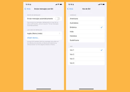 Sección de los ajustes de iOS donde se configura la lectura de mensajes por Siri en distintos idiomas