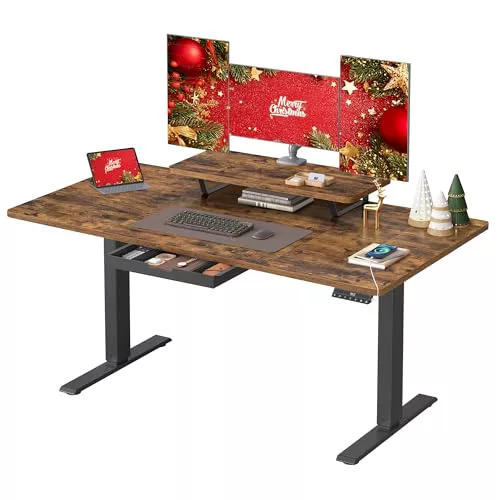 VASAGLE Escritorio Eléctrico Ajustable en Altura, 140 x 70 cm, para Trabajar de Pie, Soporte para Monitor, Cajón, Puerto USB-C, Recordatorio de Sedentarismo, para Oficina, Marrón Rústico LSD154KD01
