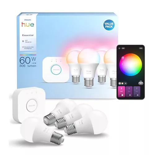 Hue Essentials Kit Inicio: Hue Bridge + 4 bombillas LED inteligentes E27