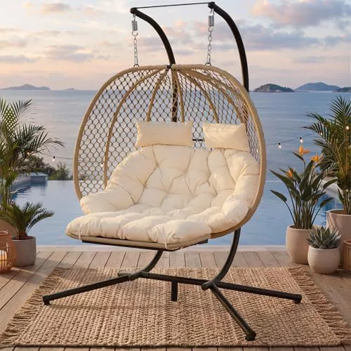 Mecedora doble con forma de huevo, silla colgante con soporte, reposapiés y cojín, silla colgante de jardín para interior y exterior, soporta hasta 150 kg (beige)